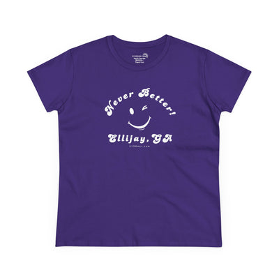 Purple women's t-shirt with white smiley face and text "Never Better! Ellijay, GA" by 515Gear.com (front design)