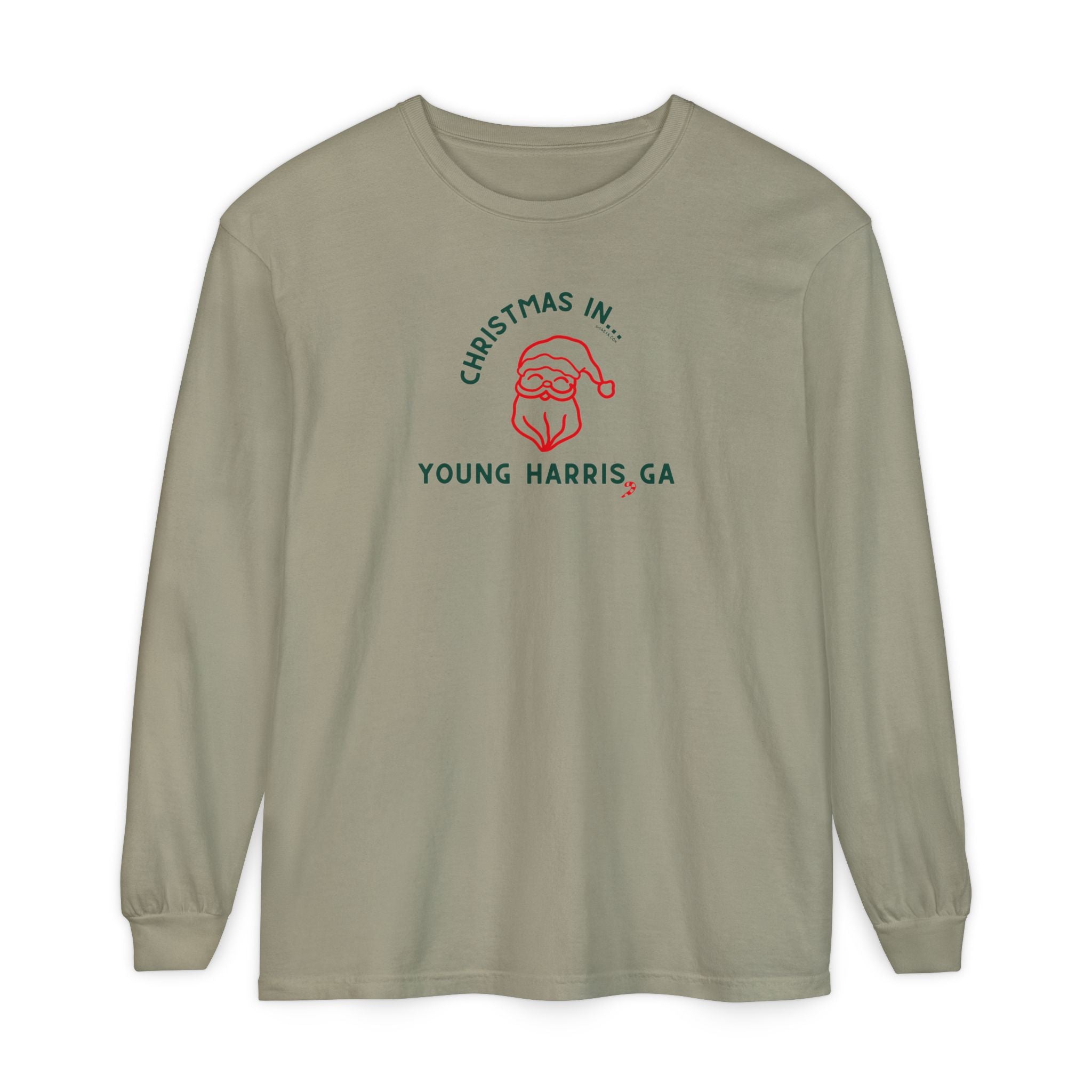 Khaki  long-sleeve unisex Comfort Colors t-shirt with Christmas graphic and text "Christmas in Young Harris, GA"