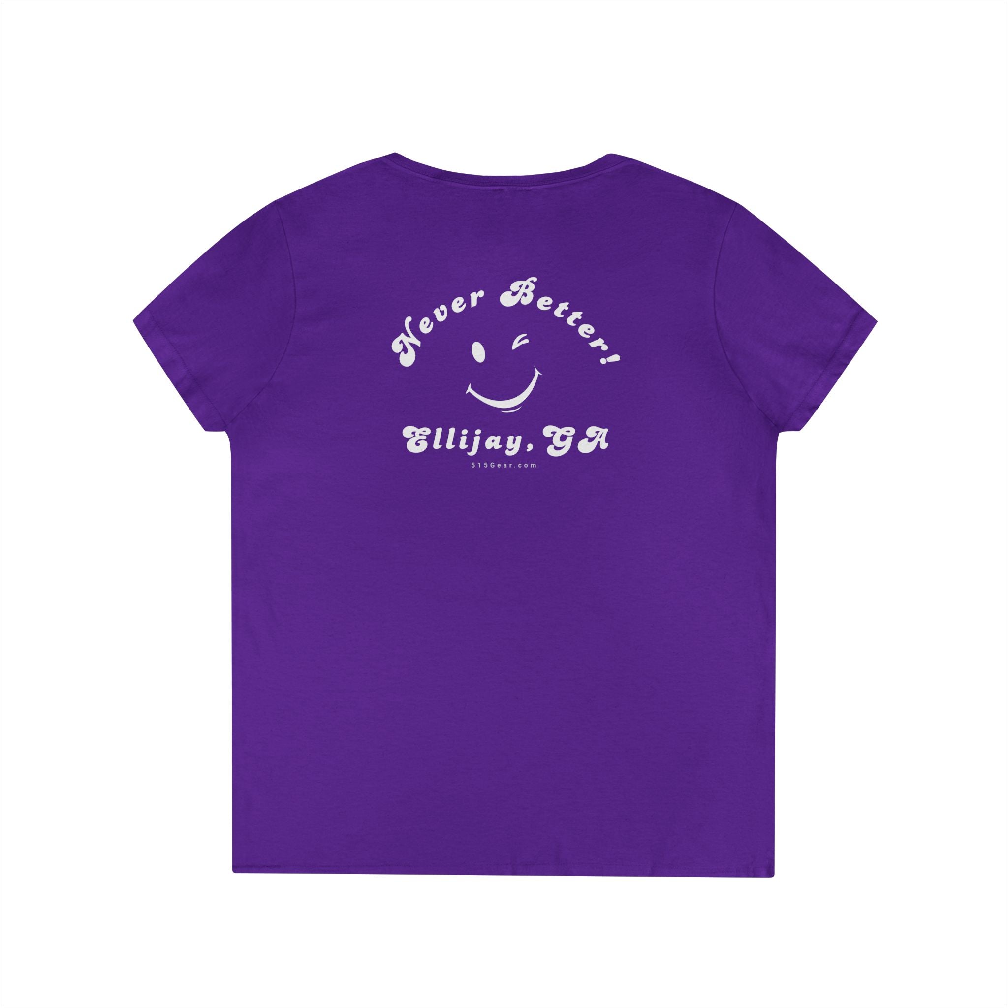 Purple women's v-neck shirt with a winking smiley face and "never better - Ellijay GA" text on the back by 515Gear.com