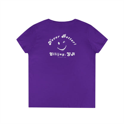 Purple women's v-neck shirt with a winking smiley face and "never better - Ellijay GA" text on the back by 515Gear.com