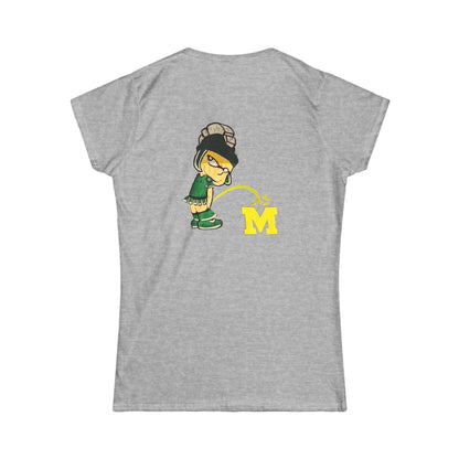 Gray t-shirt with cartoon character and yellow 'M' logo on a white background