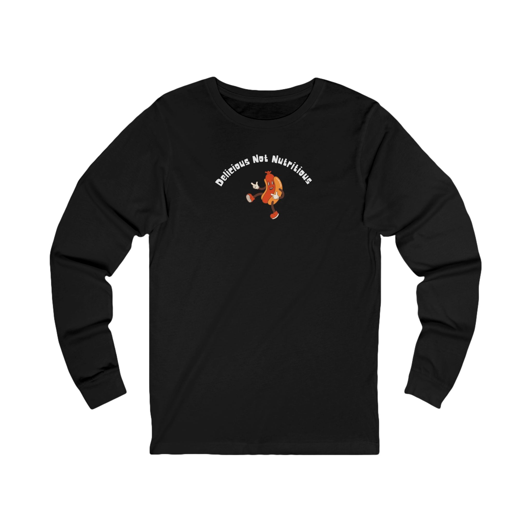 Black long-sleeve shirt with a hotdog graphic and text "Delicious Not Nutritious"