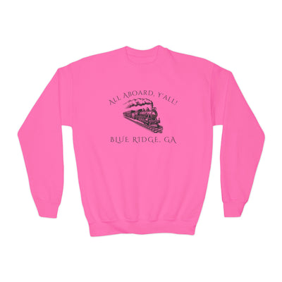 Pink kids sweatshirt with train graphic and text "All Aboard, Y'all - Blue Ridge, GA" by 515Gear.com