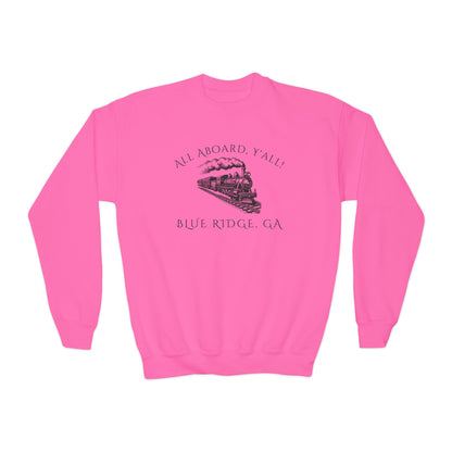 Pink kids sweatshirt with train graphic and text "All Aboard, Y'all - Blue Ridge, GA" by 515Gear.com