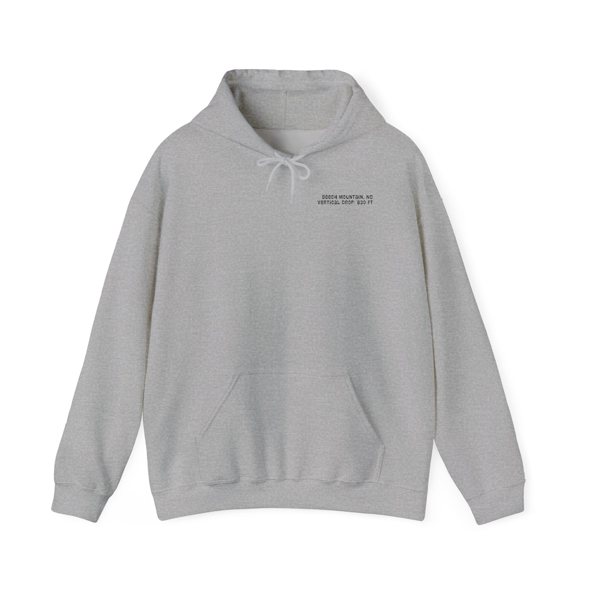 Gray hoodie with text on the chest "Beech Mountain, NC Vertical Drop 830 Ft"