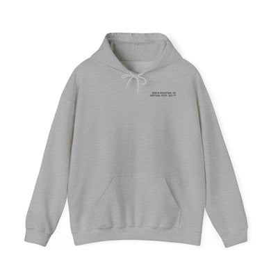 Gray hoodie with text on the chest "Beech Mountain, NC Vertical Drop 830 Ft"