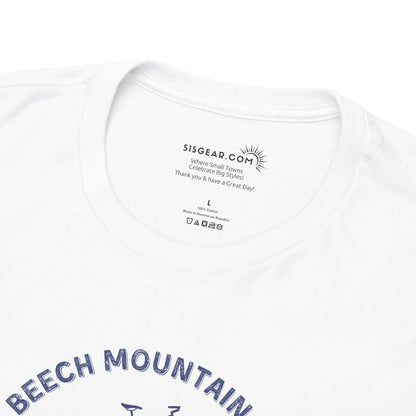 White t-shirt with mountain bike graphic and text "Beech Mountain, NC - Latitude and Longitude" coordinates