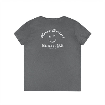 Charcol women's v-neck shirt with a winking smiley face and "never better - Ellijay GA" text on the back by 515Gear.com