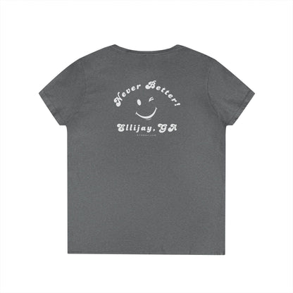 Charcol women's v-neck shirt with a winking smiley face and "never better - Ellijay GA" text on the back by 515Gear.com