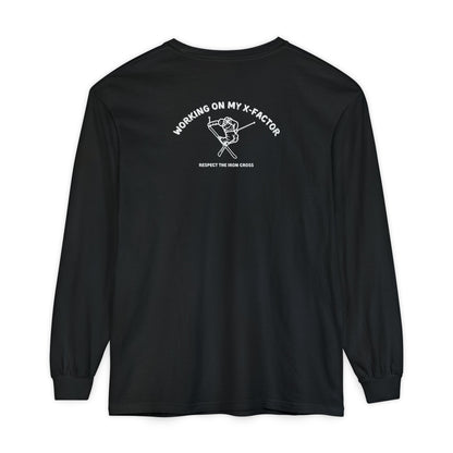 Black long-sleeve unisex Comfort Color t-shirt with ski jump graphic and text Working on my X-Factor Respect the Iron Cross