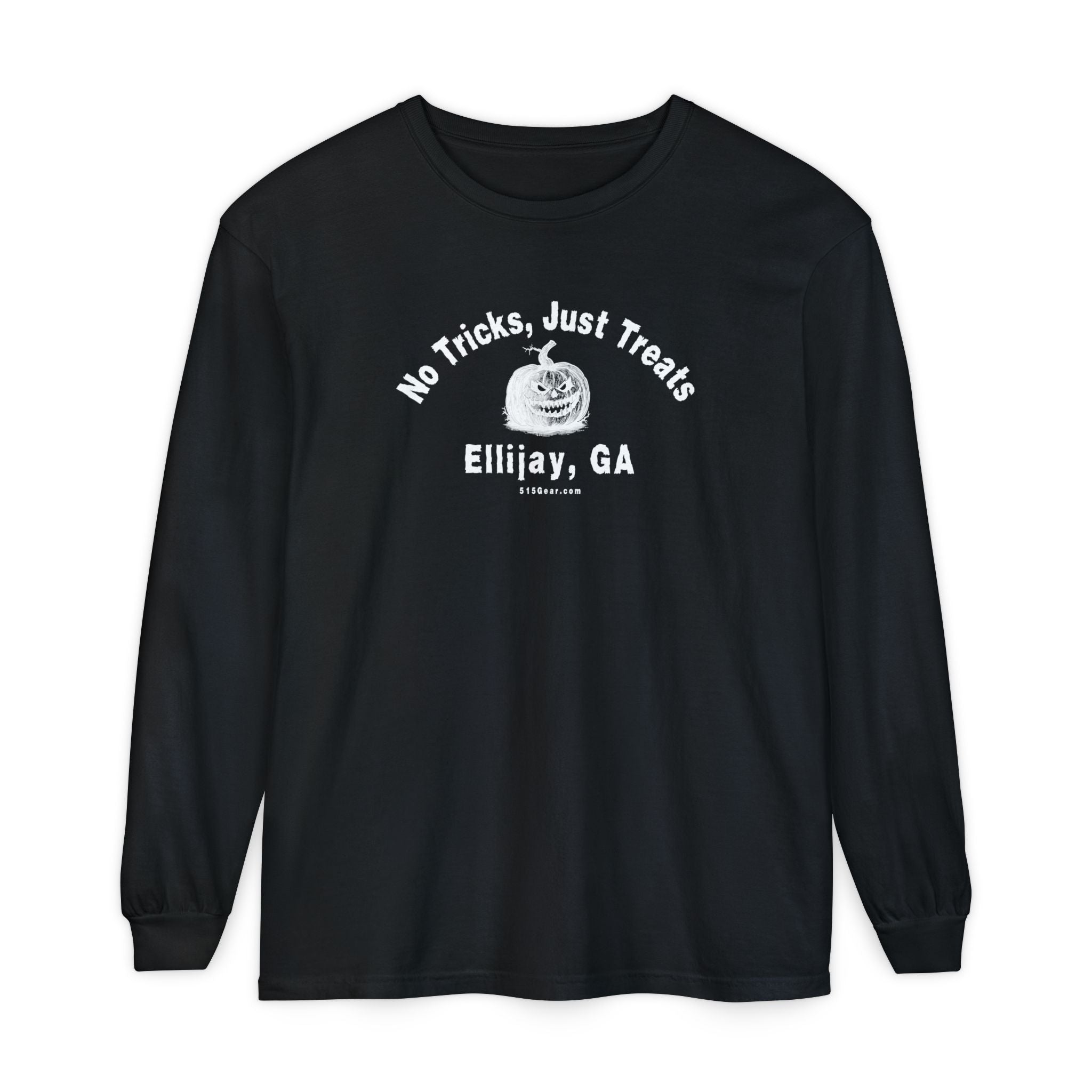 Black comfort colors long sleeve tee with Halloween-themed design "No Tricks, Just Treats - Ellijay, GA" by 515Gear.com