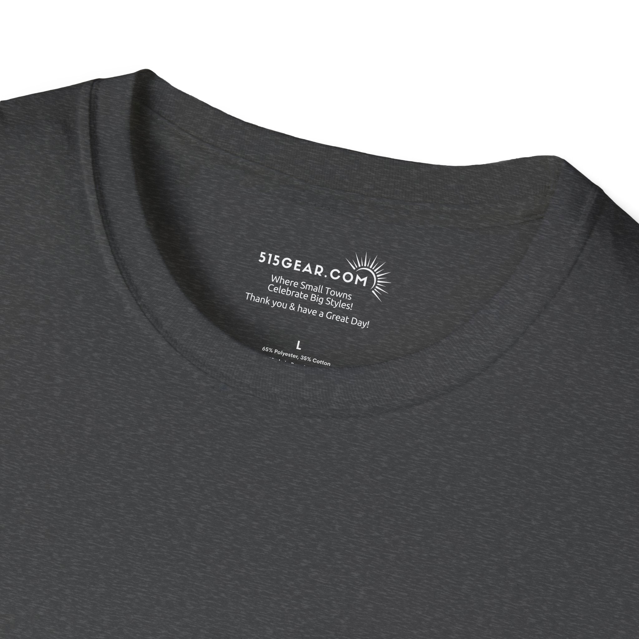 Dark gray t-shirt with a brand logo and text on the collar against a white background