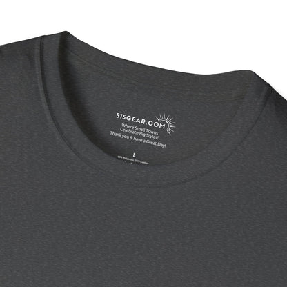 Dark gray t-shirt with a brand logo and text on the collar against a white background