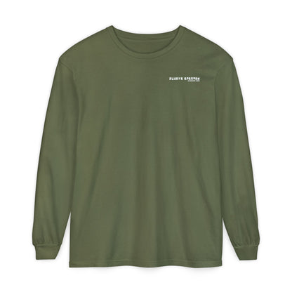 Green long-sleeve shirt with cartoon Sparty peeing and text Always Spartan