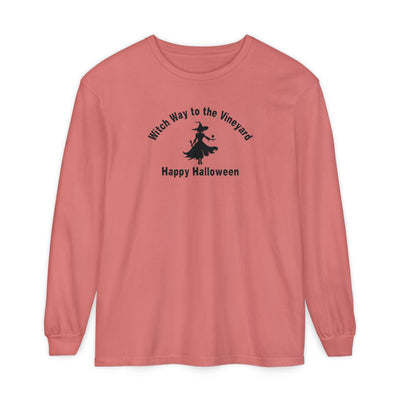 Rose long-sleeve unisex comfort color t-shirt with halloween witch graphic holding a wine glass  and text "Witch Way to the Vineyard - Happy Halloween" 