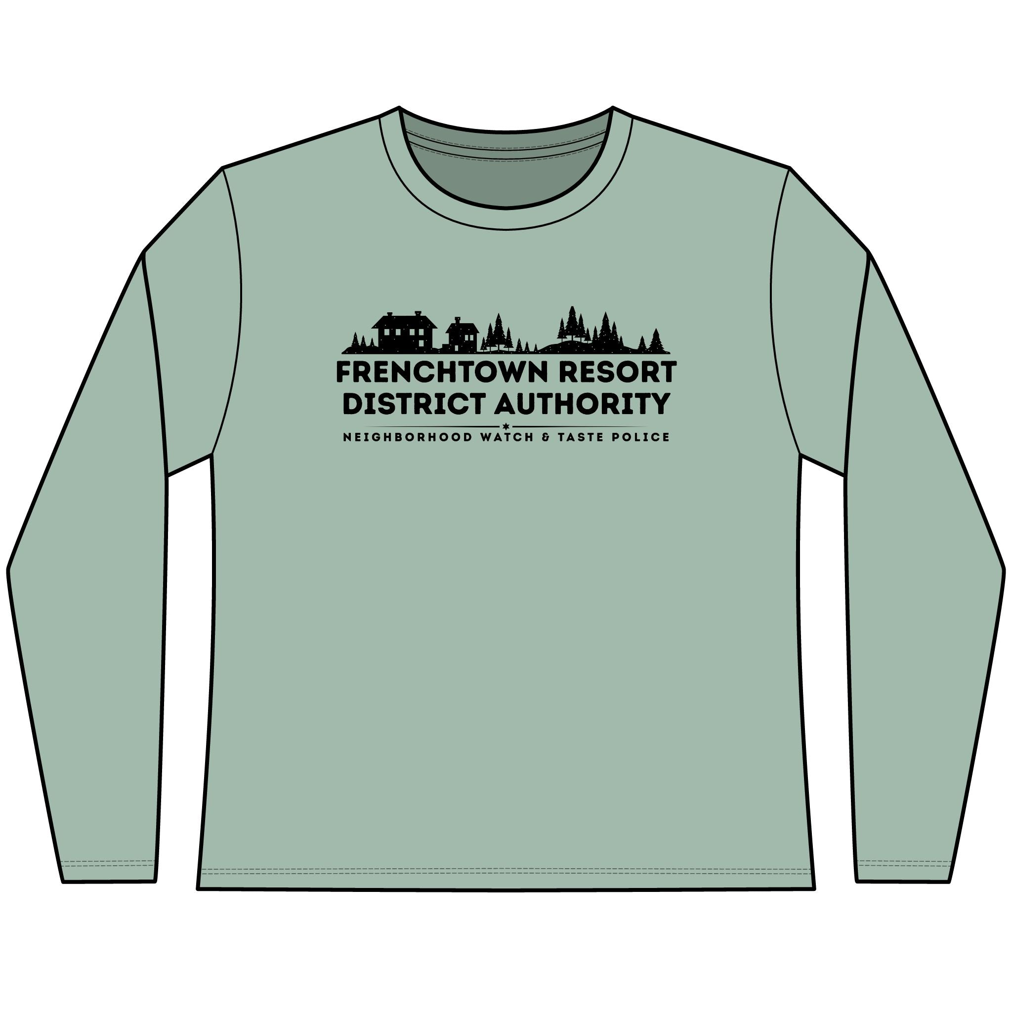 Light green Women's long-sleeve tee with text Frenchtown Resort District Authority Neighborhood Watch & Taste Police
