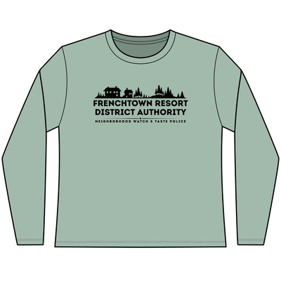 Light green Women's long-sleeve tee with text Frenchtown Resort District Authority Neighborhood Watch & Taste Police
