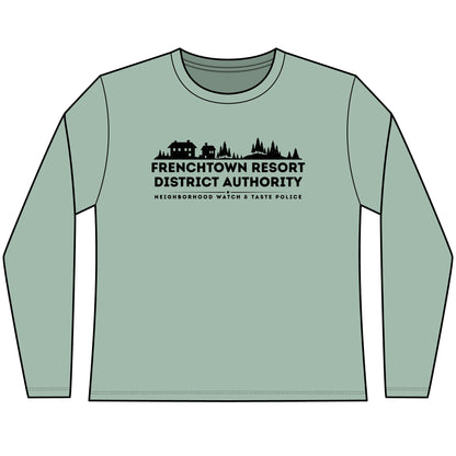 Light green Women's long-sleeve tee with text Frenchtown Resort District Authority Neighborhood Watch & Taste Police