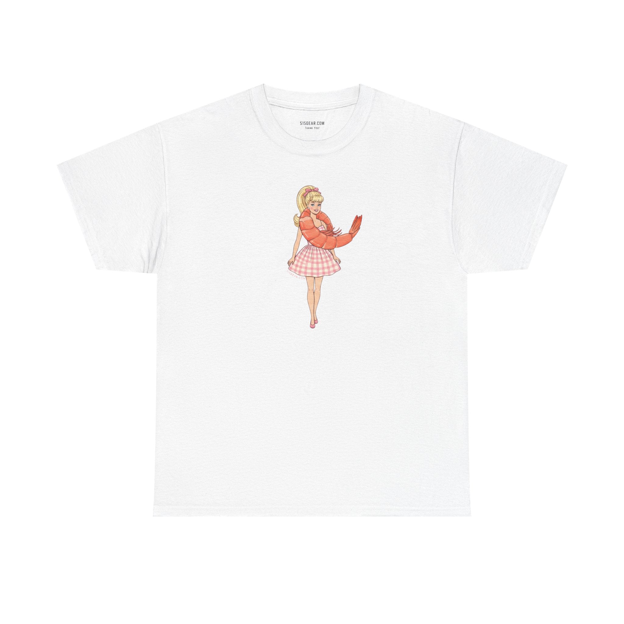 White unisex Gildan 100% cotton tee with Barbie wearing a shrimp graphic as a "Shrimp on the Barbie" pun