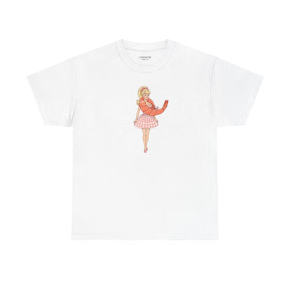 White unisex Gildan 100% cotton tee with Barbie wearing a shrimp graphic as a "Shrimp on the Barbie" pun
