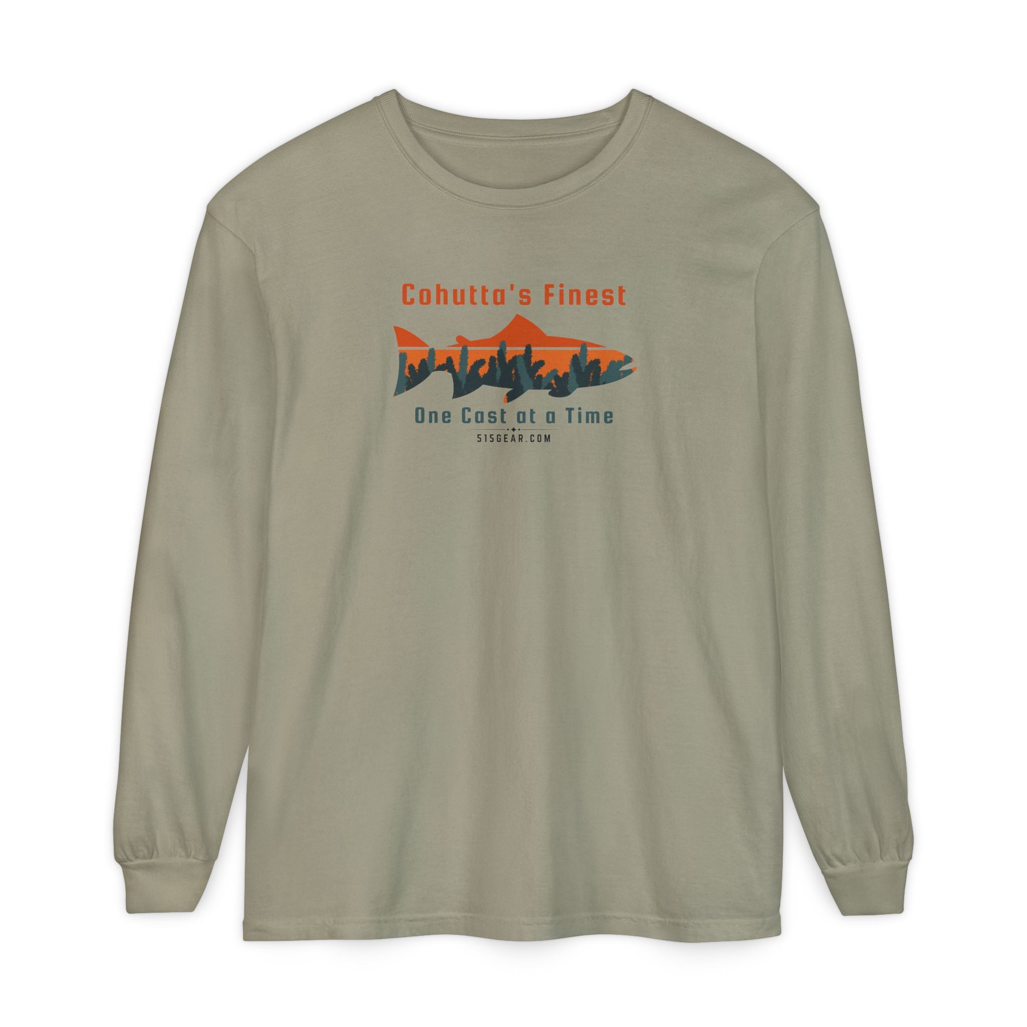 Khaki long-sleeve shirt with a fishing-themed design saying Cohutta's finest One Cast at a Time by 515Gear.com