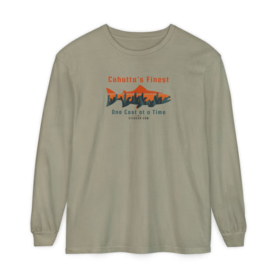 Khaki long-sleeve shirt with a fishing-themed design saying Cohutta's finest One Cast at a Time by 515Gear.com