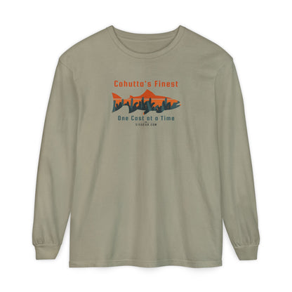 Khaki long-sleeve shirt with a fishing-themed design saying Cohutta's finest One Cast at a Time by 515Gear.com