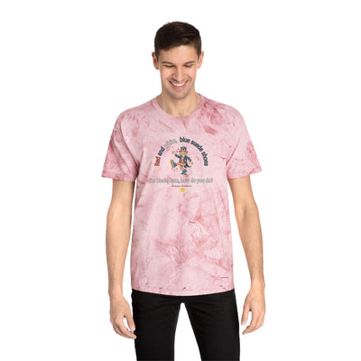 Person wearing a pink tie-dye t-shirt with Uncle Sam dancing and text "Red and White, Blue Suede Shoes..." 