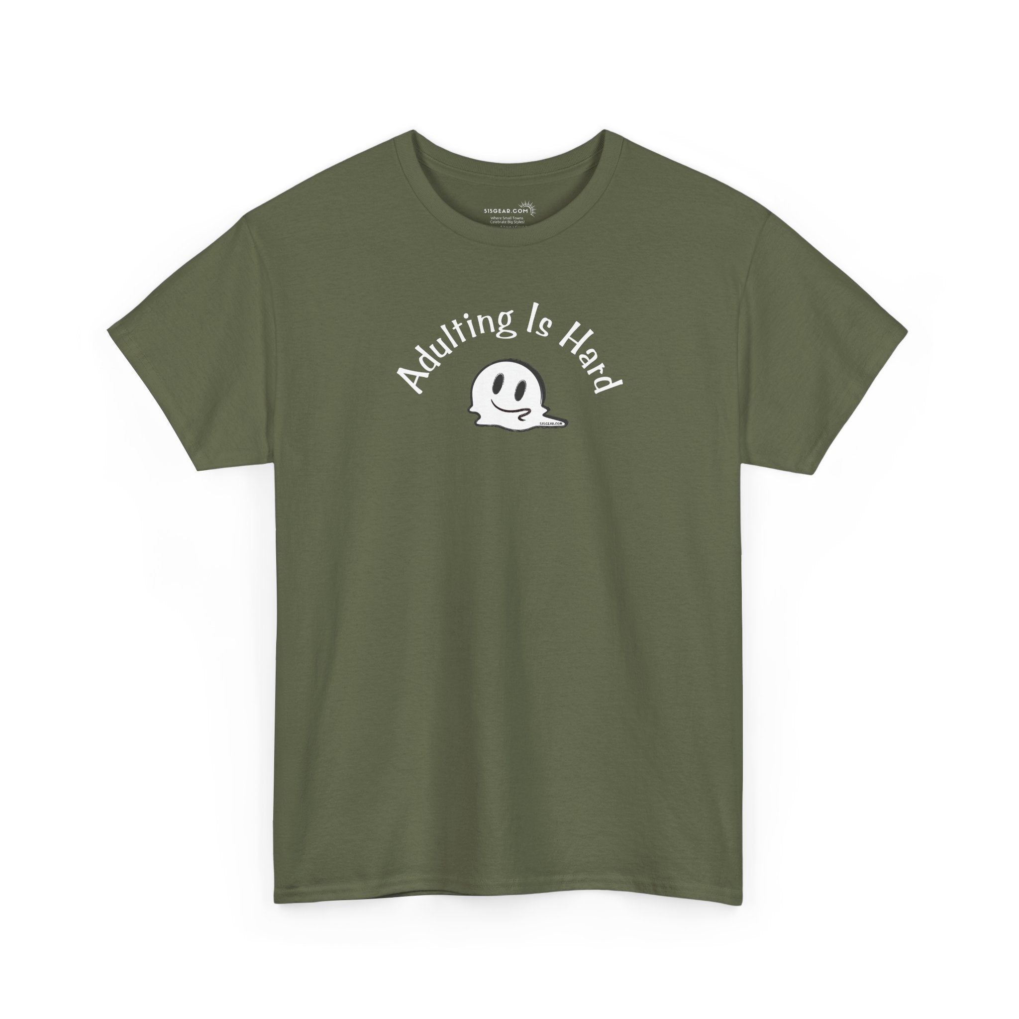 Green Gildan Unisex 100% Heavy Cotton soft t-shirt, with smiley face graphic and text "Adulting is Hard"