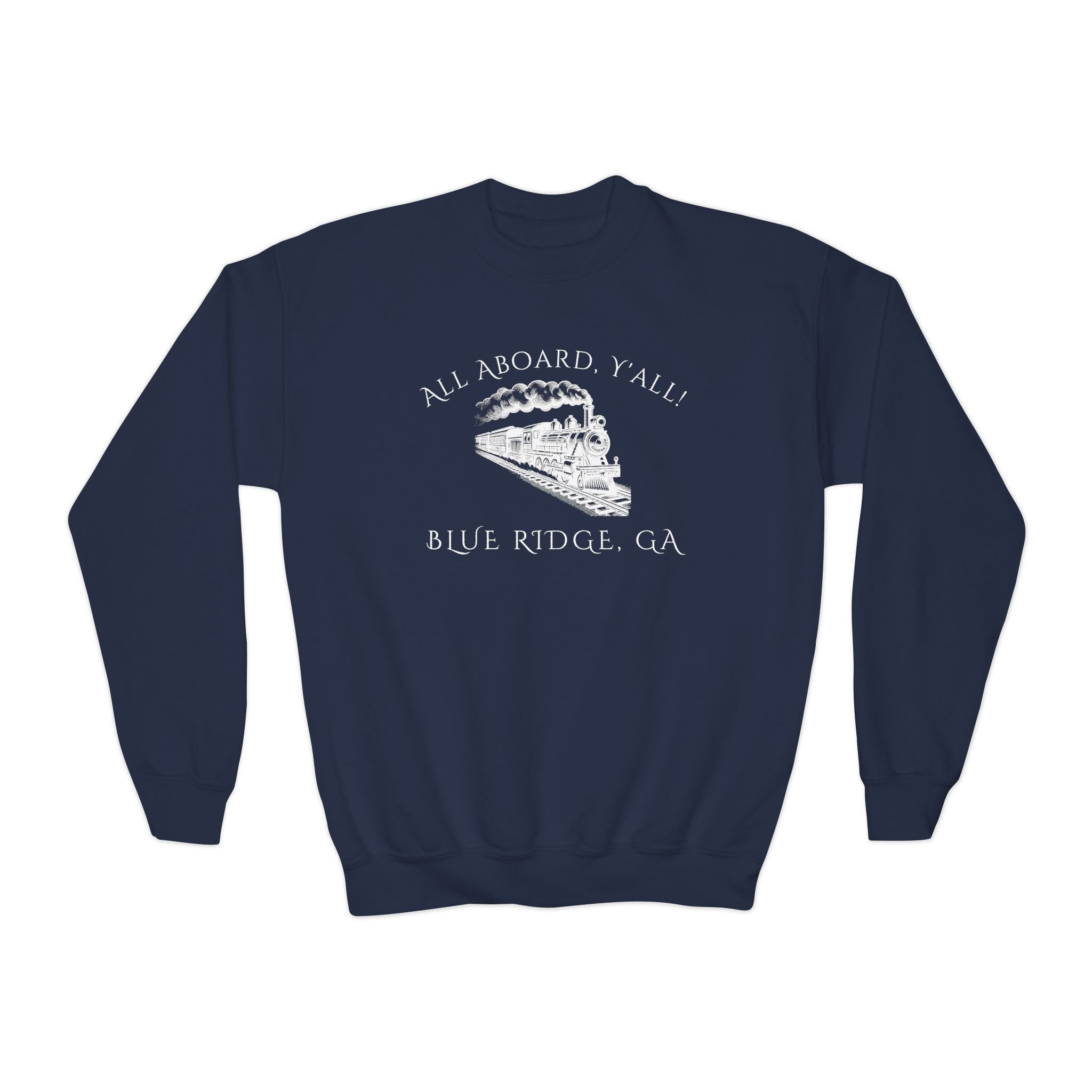 Navy blue kids sweatshirt with train graphic and text "All Aboard, Y'all - Blue Ridge, GA" by 515Gear.com