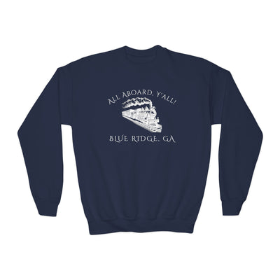Navy blue kids sweatshirt with train graphic and text "All Aboard, Y'all - Blue Ridge, GA" by 515Gear.com