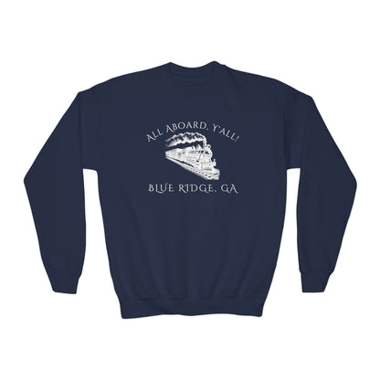 Navy blue kids sweatshirt with train graphic and text "All Aboard, Y'all - Blue Ridge, GA" by 515Gear.com