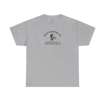 Gray t-shirt with mountain bike graphic and text "Beech Mountain, NC" along with Latitude and Longitude" coordinates