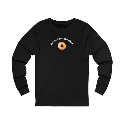 Black long-sleeve shirt with a donut graphic and text "Delicious Not Nutritious"