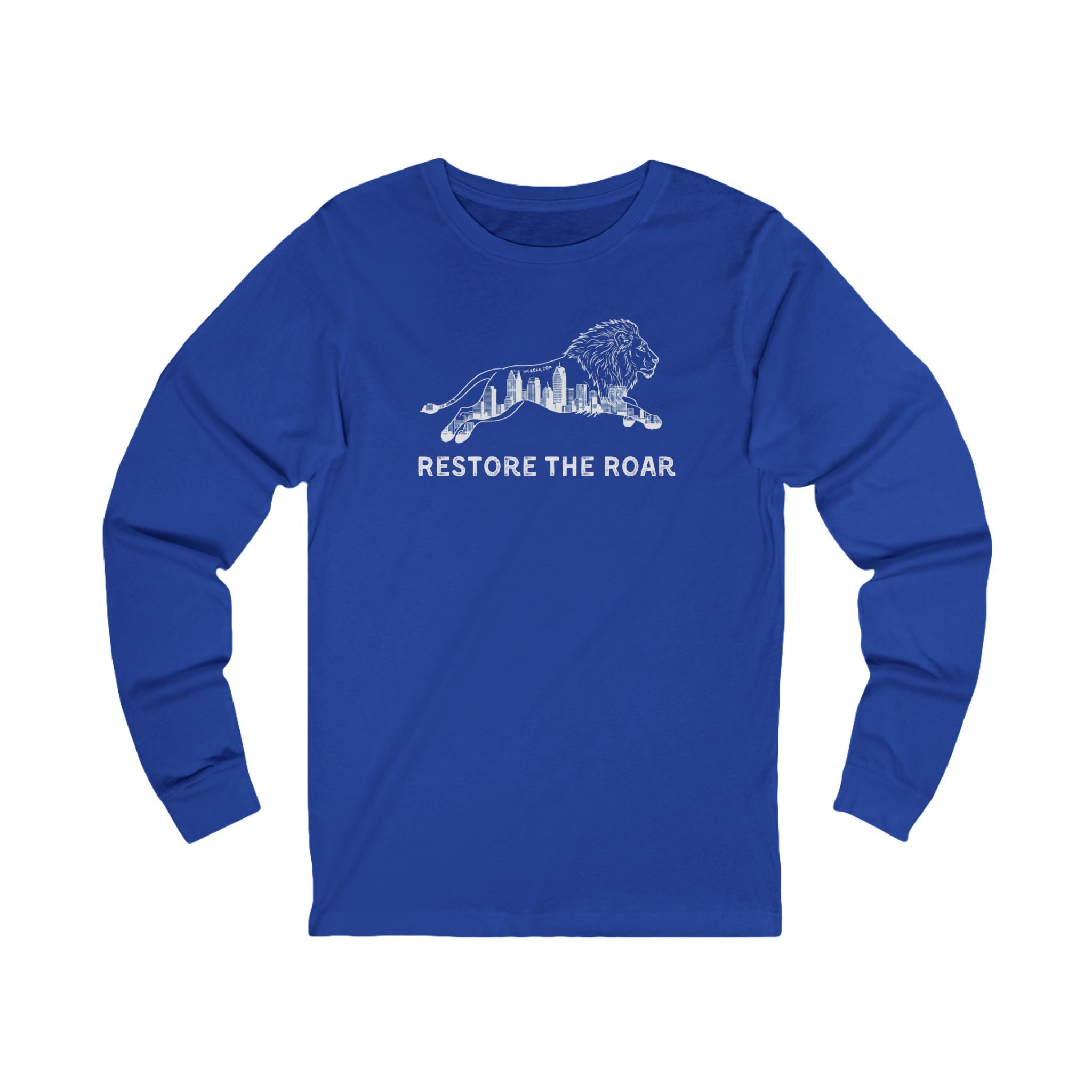 Blue long-sleeve shirt with a lion graphic and 'Restore the Roar' text on a white background