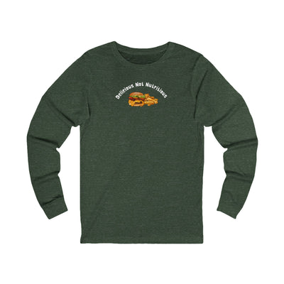 Green long-sleeve shirt with a cheeseburger and fries graphic and text 'Delicious Not Nutritious'