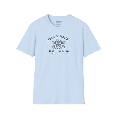 unisex adult T-shirt, Roots & Shoots, Garden shovel root leaf graphic, by 515Gear.com | Blue Ridge, GA | celebrate gardening
