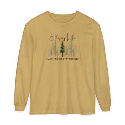 Mustard comfort colors long sleeve t-shirt with nature-themed graphic and text "Ellijay Life - I Might Could Stay Forever"  