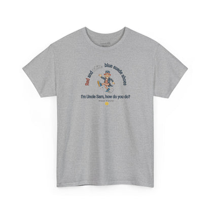 Gray  t-shirt with July 4th dancing Uncle Sam and text 