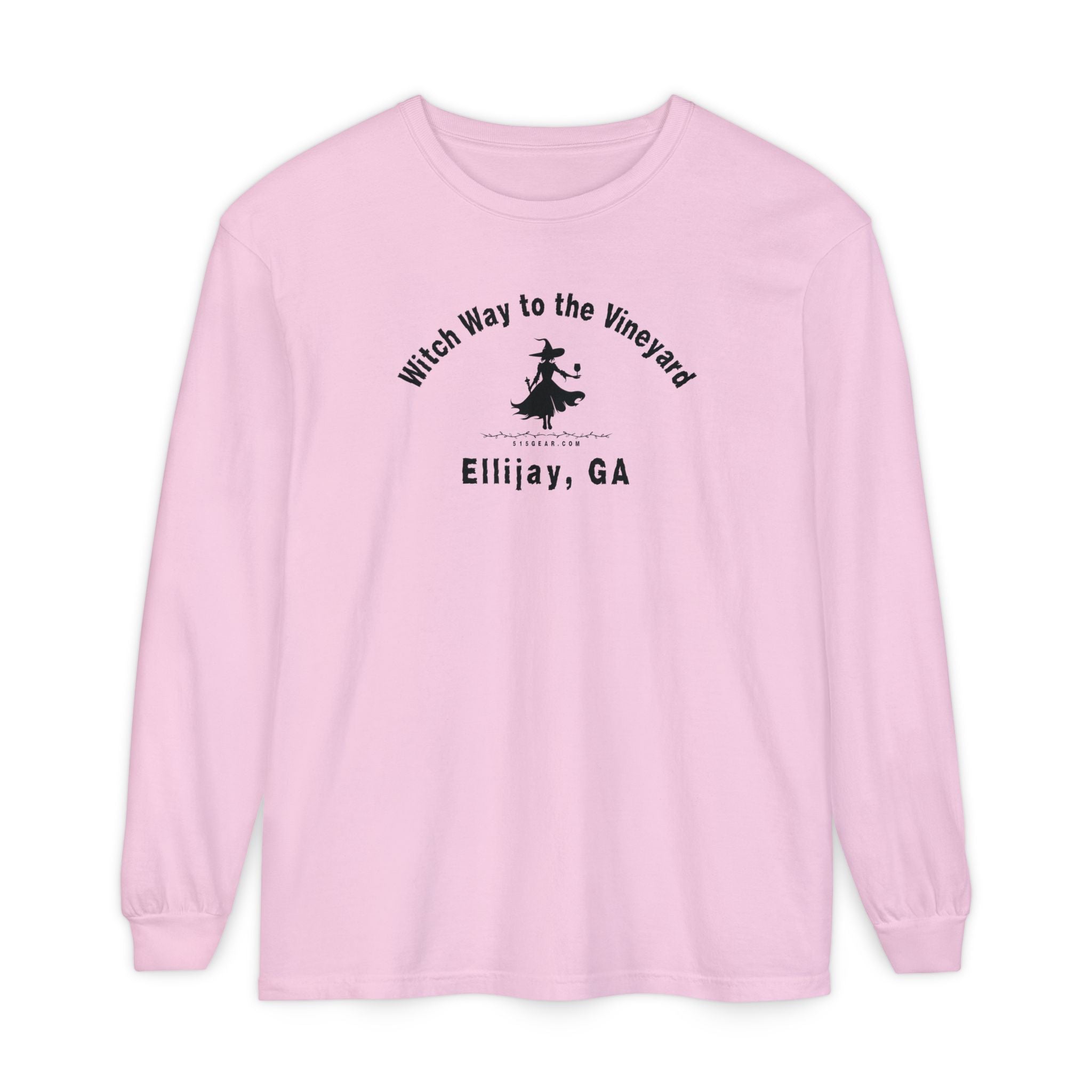 Pink long sleeve t-shirt with sassy witch graphic holding a glass of wine and text "Witch Way to the Vineyard - Ellijay GA" by 515Gear.com