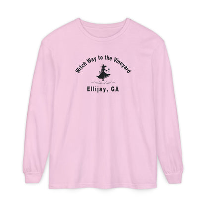 Pink long sleeve t-shirt with sassy witch graphic holding a glass of wine and text "Witch Way to the Vineyard - Ellijay GA" by 515Gear.com