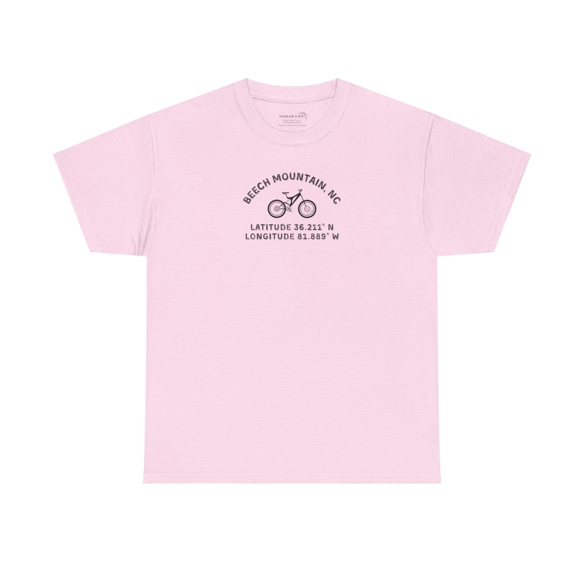 Pink t-shirt with mountain bike graphic and text "Beech Mountain, NC - Latitude and Longitude" coordinates
