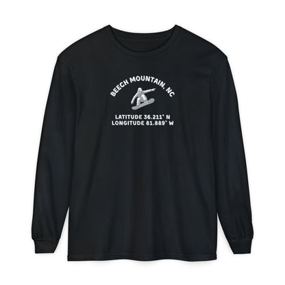 Black  long sleeve tee with Snowboarder mid-air and text 'Beech Mountain, NC Latitude 36.211' N Longitude 81.889' W