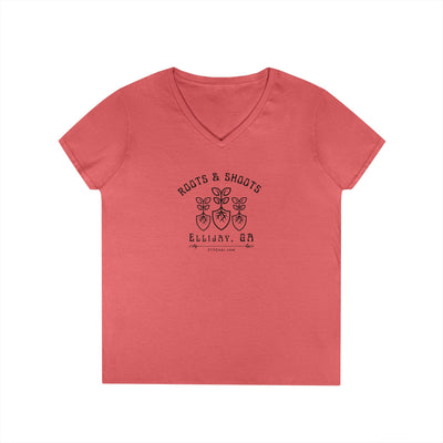 Women’s V-Neck T-shirt, Roots & Shoots, Garden shovel root leaf graphic, 515Gear.com | Ellijay, GA | celebrate gardening