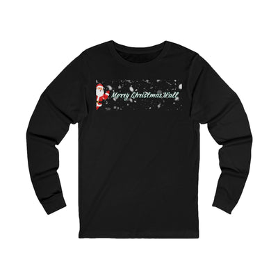 Black long-sleeve shirt with Christmas design featuring Santa Claus and 'Merry Christmas' text on a white background.