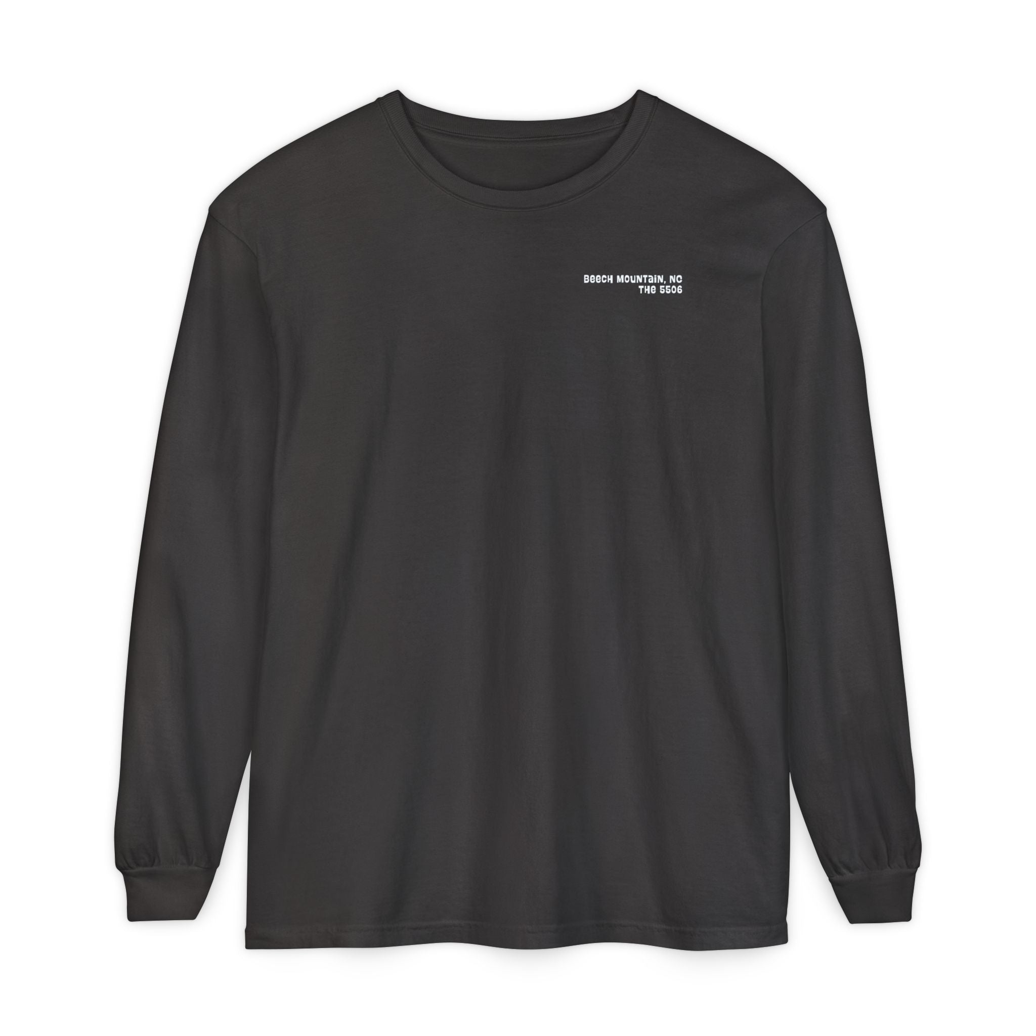 Black unisex Comfort Colors long-sleeve shirt with text Beech Mountain - The 5506 on the front