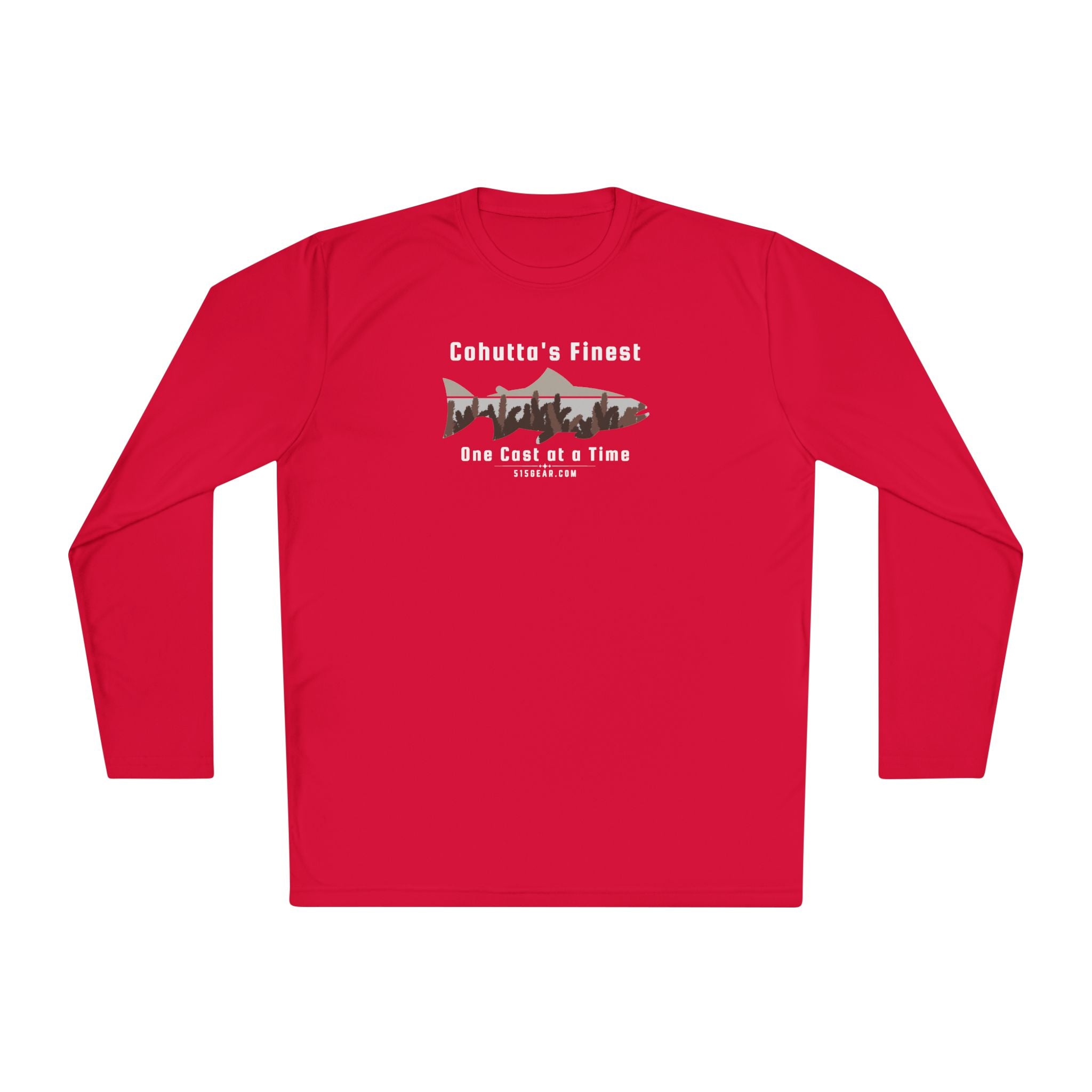Red long-sleeve performance moisture wicking t-shirt with fishing theme saying Cohutta's Finest One Cast at a Time by 515Gear.com