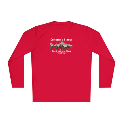 Red long-sleeve performance moisture wicking t-shirt with fishing theme saying Cohutta's Finest One Cast at a Time by 515Gear.com