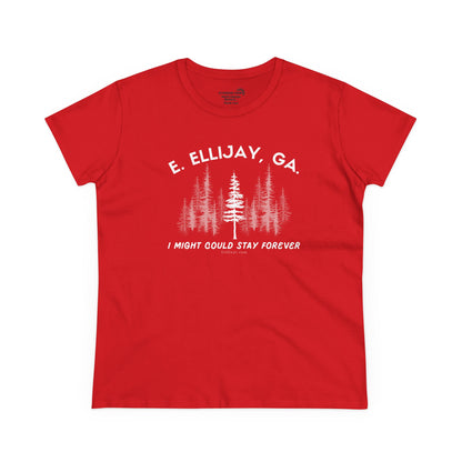 Women's semi-fitted t-shirt by 515 Gear | Ellijay, GA | 'I might could stay forever' forest graphic 