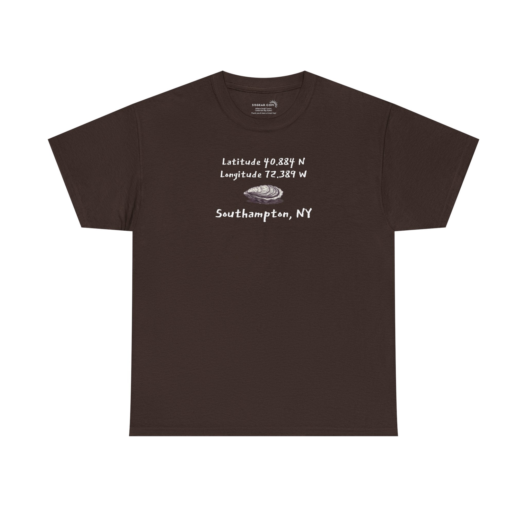 Brown t-shirt with oyster graphic and text "latitude and longitude - Southampton NY"